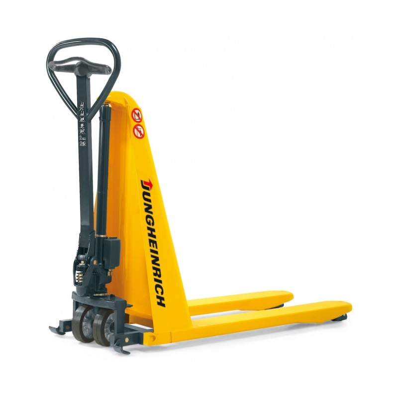 Ročni paletni viličar Jungheinrich AMX 10 z ročnim škarjastim dvigom lahko uporabljate tudi kot ročni viličar za prevoz blaga